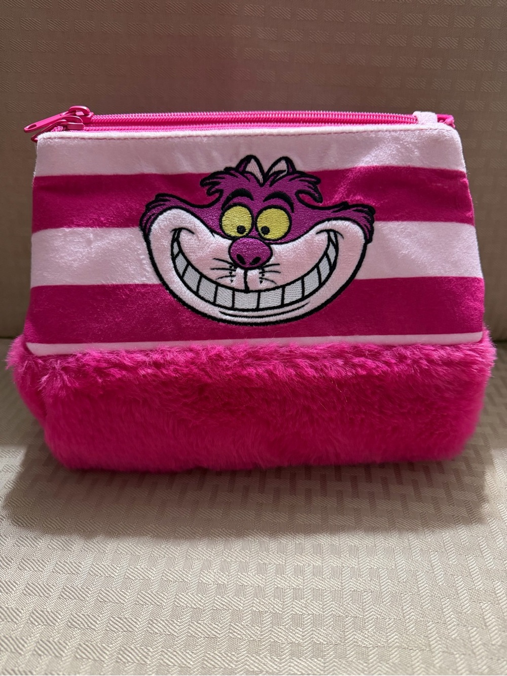 Disney Pink Cheshire Cat Striped Plush Cosmetic Bag